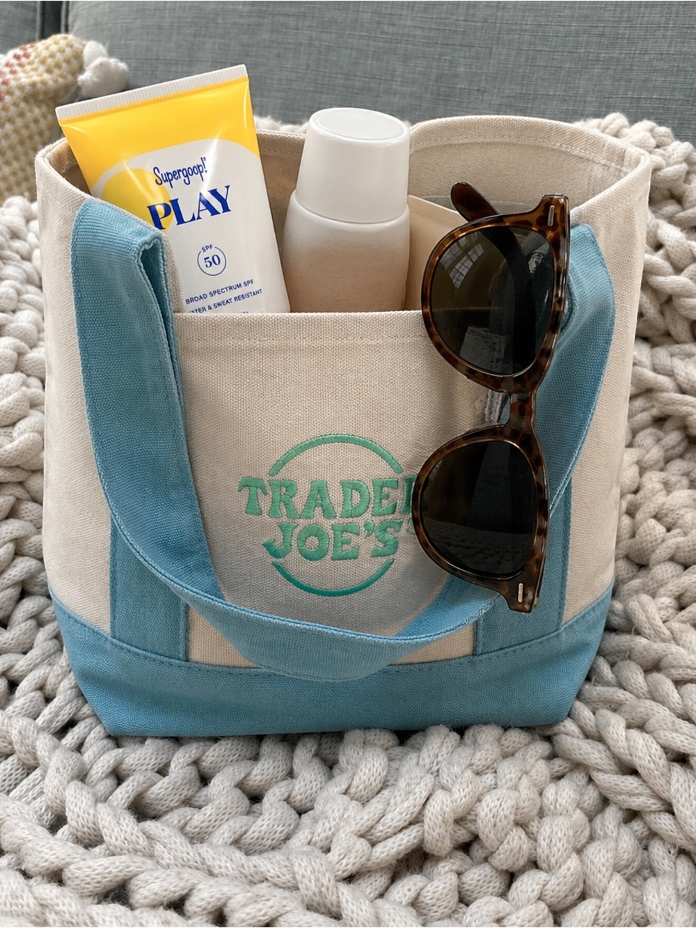 Trader Joe's Canvas Tote Bag with Blue Accents